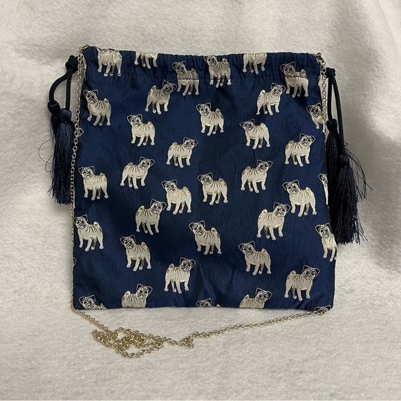 Rythme Kumikyoku Handbags - RYTHME KUMIKYOKU Blue Jacquard Drawstring Pouch Bag Pug Dog Puppy Chain Strap